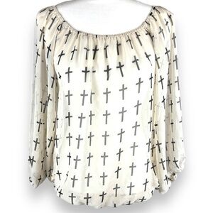 Sheer Cross Print Blouse Womens Size Medium Faith Inspired Peasant Christian Top